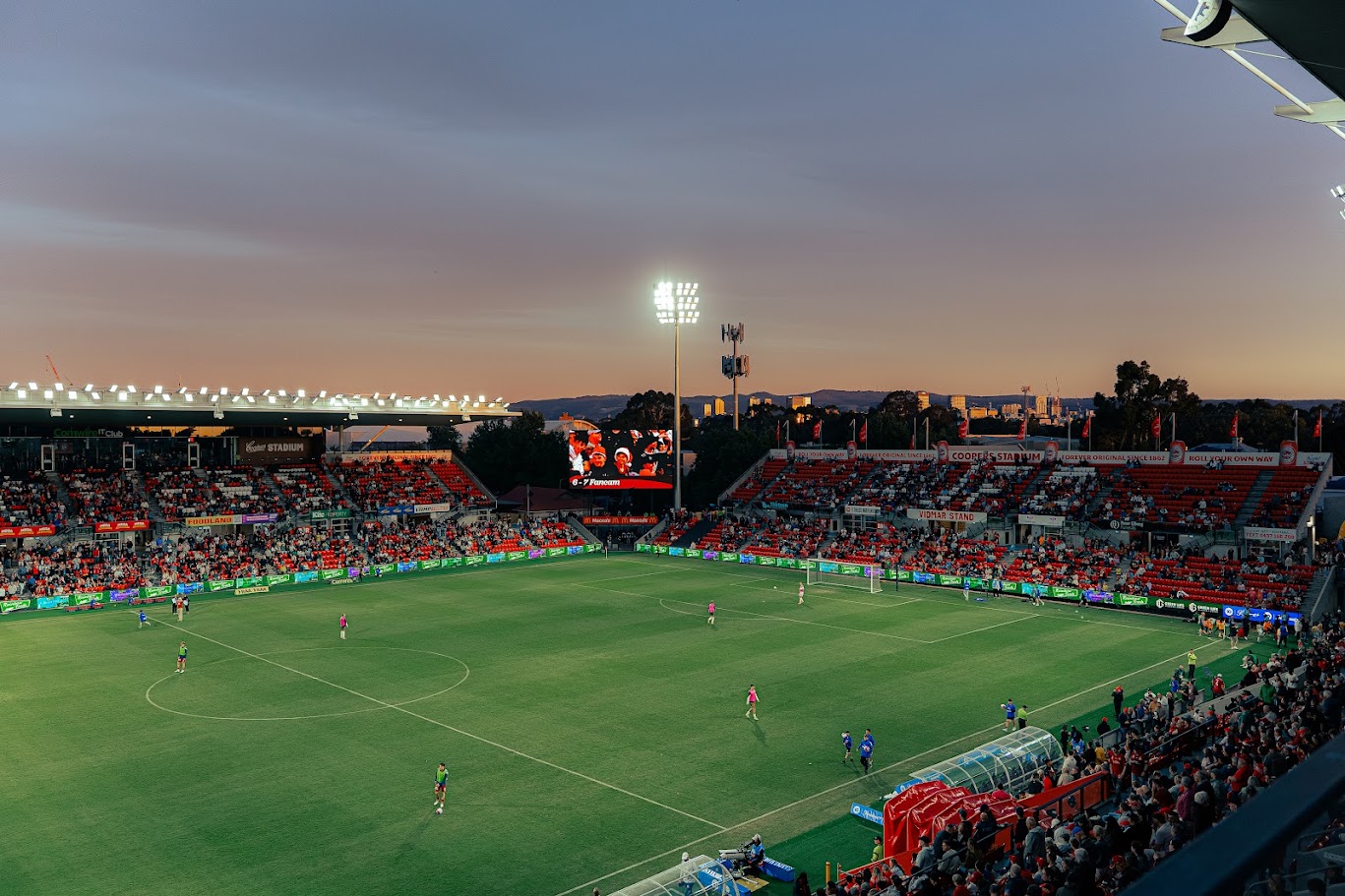 Coopers Stadium at dusk with players warming up on the pitch and crowds in the stands